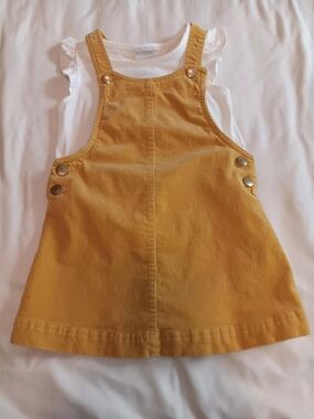Tahari Girls Mustard Yellow Corduroy Pinafore Dress with White Ruffled Tank
